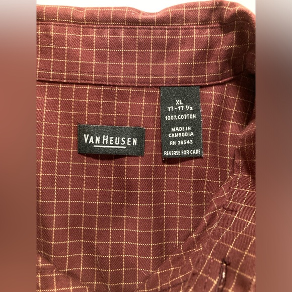 Men’s Van Heusen Button Up Shirt, Cotton, size XL 17-17.5, Maroon and Tan - Picture 3 of 4